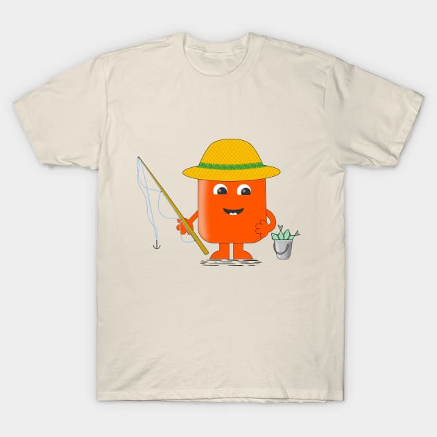 Cute fisherman with a fishing rod and a bucket of fish T-Shirt by Vector Universe